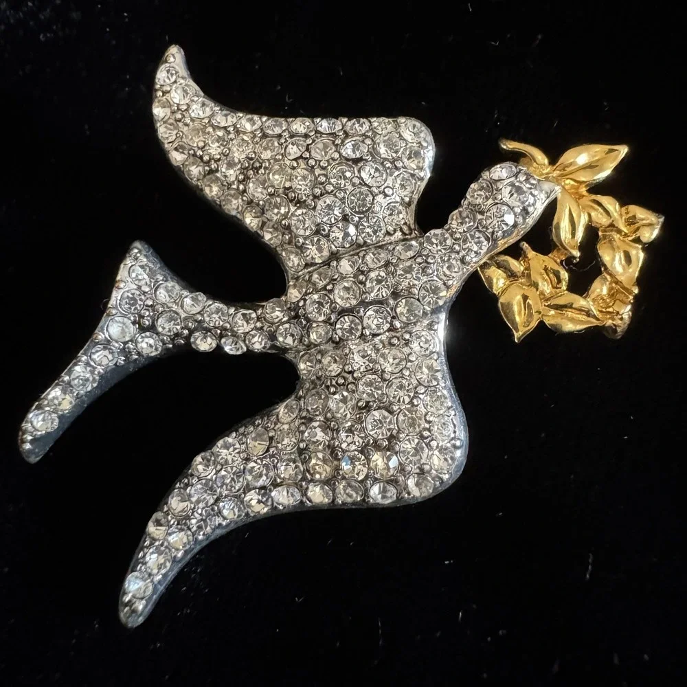 Vintage Monet Peace Dove Brooch Pin Rhinestone Silver Gold Tone Bird 2.5